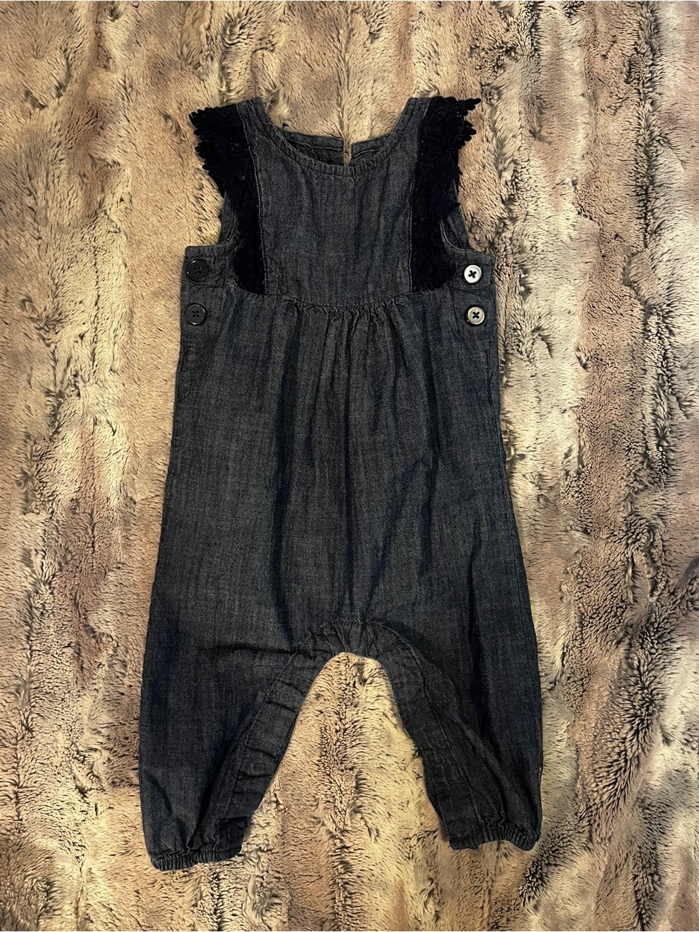 4/25$ Baby Dark Navy Denim Romper with Lace Trim